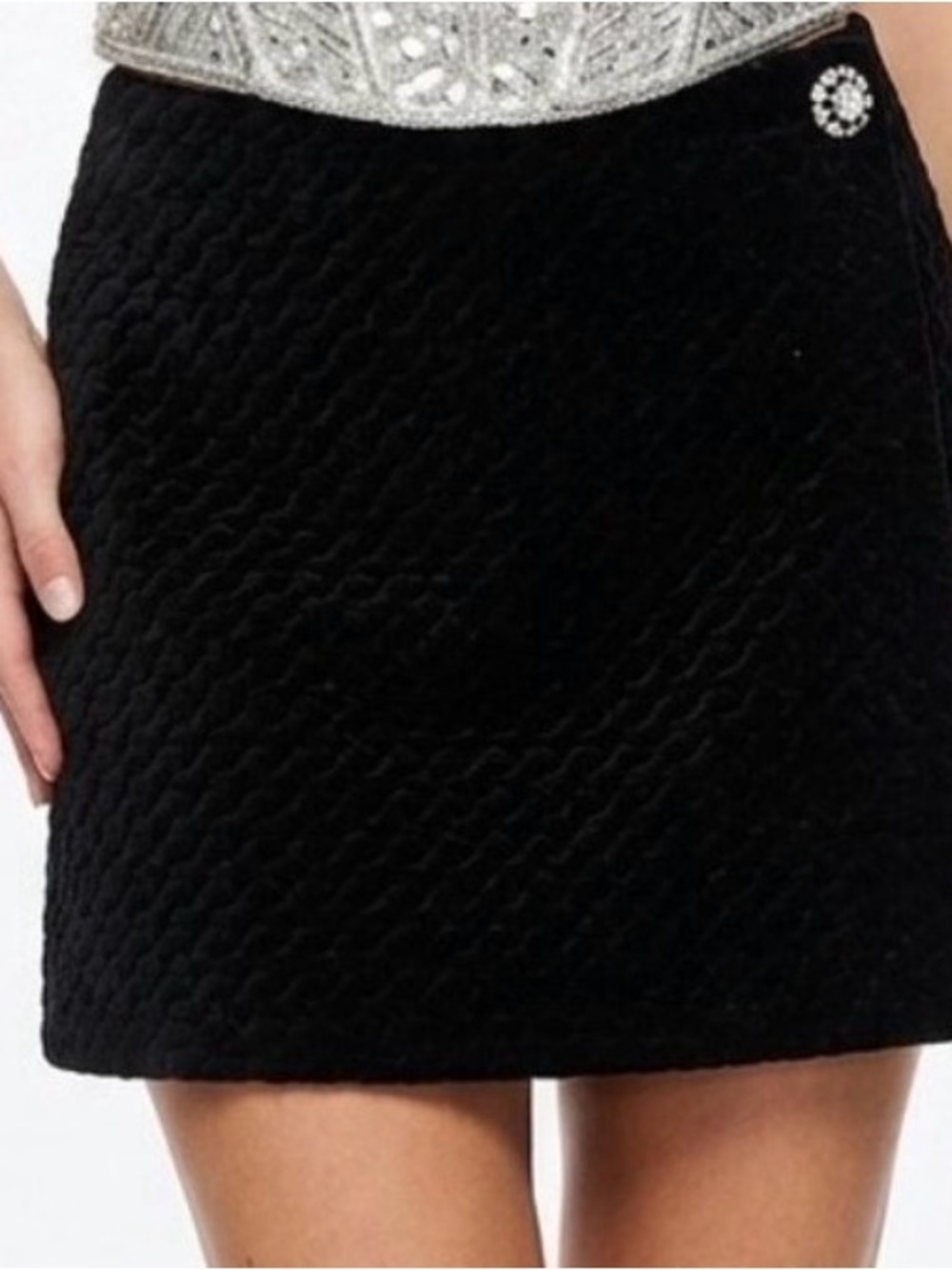 Gianni Bini Black Textured Mini Skirt with Rhinestone Button